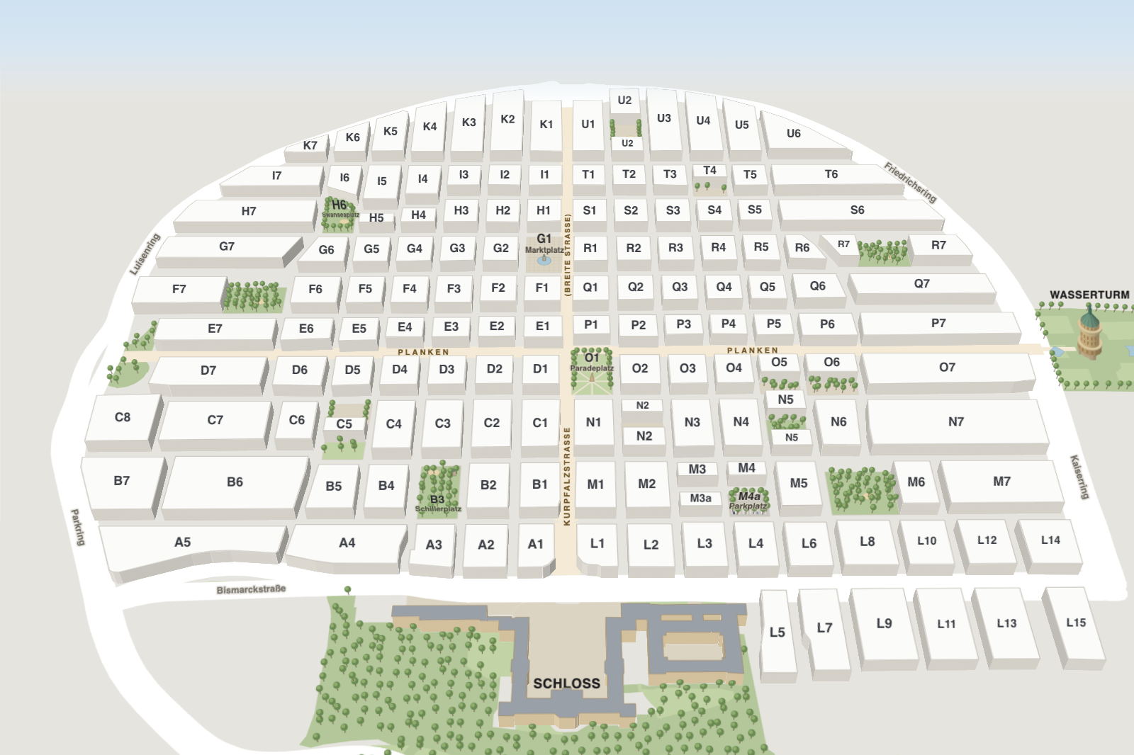 Karte der Mannheimer Innenstadt aus der Vogelperspektive: die Quadrate als weiße Blöcke mit ihren Kürzeln von A1 bis U6, dazwischen die Kurpfalzstraße und die Planken, unten das Schloss, rechts der Wasserturm.